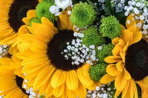 Wedding bouquet of sunflower. Natural floral background. photo