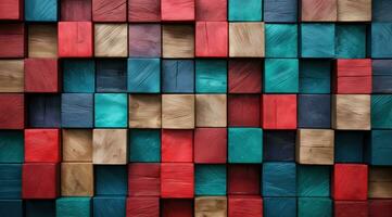 AI generated Abstract block stack wooden 3d cubes, colorful wood texture for backdrop photo