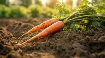 AI generated Carrot on ground. Freshly picked carrots. photo