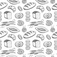Hand drawn seamless pattern of bread and bakery products. Baked goods background. vector