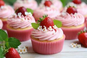 AI generated Delicious strawberry cupcakes with cottage cheese cream and fruit photo