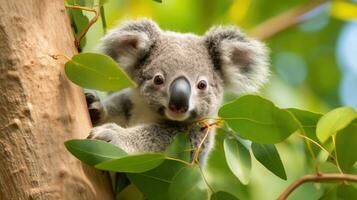 ai generado adorable coala en eucalipto árbol foto