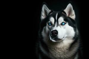 ai generado siberiano fornido perro con azul ojos en negro antecedentes. Copiar espacio para texto. foto