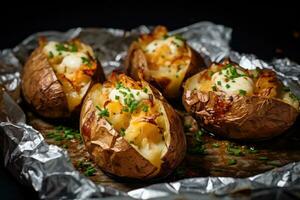 AI generated Baked potatoes with cheese and onions on foil photo