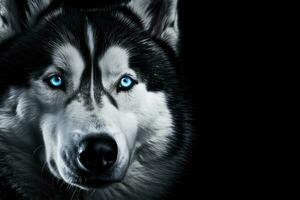 ai generado siberiano fornido perro con azul ojos en negro antecedentes. Copiar espacio para texto. foto