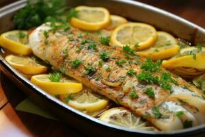 AI generated Tilapia fish baked with garlic and lemon photo