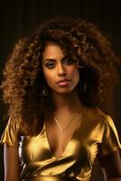 AI generated A woman with curly hair wearing a gold shirt photo