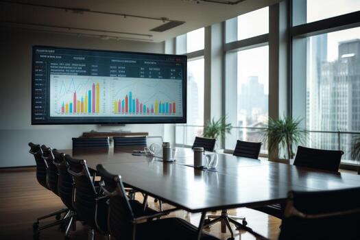 AI generated Modern corporate boardroom with a large screen displaying data analysis, empty chairs, and laptops on the table photo
