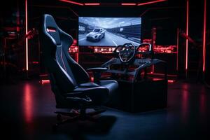 AI generated A gaming setup with a racing game on the screen, gaming chair in the foreground, and ambient lighting photo