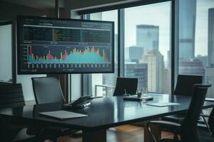 AI generated Modern corporate boardroom with a large screen displaying data analysis, empty chairs, and laptops on the table photo