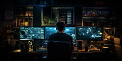 AI generated A hacker at work in a dark room with multiple computer screens photo