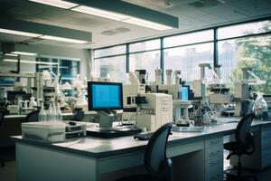 AI generated A modern laboratory with scientific equipment, glassware on benches, and digital screens photo