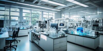 AI generated A modern laboratory with scientific equipment, glassware on benches, and digital screens photo