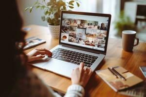 AI generated Close up of a woman hands typing on a laptop in a cozy home office setting photo