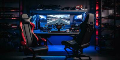 AI generated A gaming setup with a racing game on the screen, gaming chair in the foreground, and ambient lighting photo