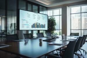 AI generated Modern corporate boardroom with a large screen displaying data analysis, empty chairs, and laptops on the table photo