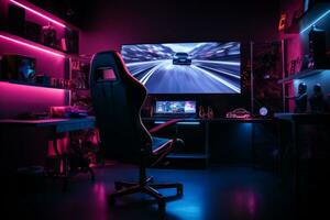 AI generated A gaming setup with a racing game on the screen, gaming chair in the foreground, and ambient lighting photo