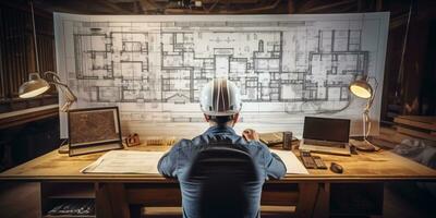 AI generated An engineer working on architectural plans with dual monitors, drafting tools, and a hard hat on the desk photo