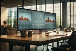 AI generated Modern corporate boardroom with a large screen displaying data analysis, empty chairs, and laptops on the table photo