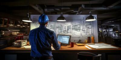 AI generated An engineer working on architectural plans with dual monitors, drafting tools, and a hard hat on the desk photo