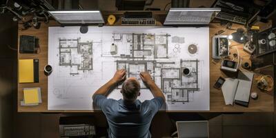 AI generated An engineer working on architectural plans with dual monitors, drafting tools, and a hard hat on the desk photo