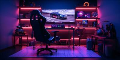 AI generated A gaming setup with a racing game on the screen, gaming chair in the foreground, and ambient lighting photo