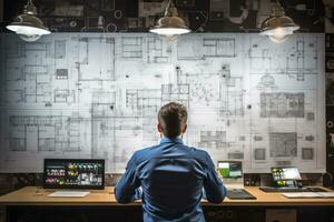 AI generated An engineer working on architectural plans with dual monitors, drafting tools, and a hard hat on the desk photo