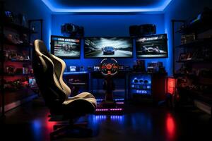 AI generated A gaming setup with a racing game on the screen, gaming chair in the foreground, and ambient lighting photo