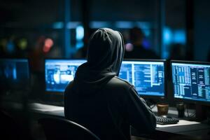 AI generated A focused hacker with a hood using a laptop and multiple monitors with code and data visualization photo