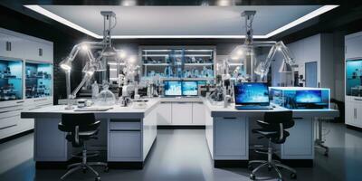 AI generated A modern laboratory with scientific equipment, glassware on benches, and digital screens photo