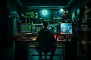 AI generated A hacker at work in a dark room with multiple computer screens photo