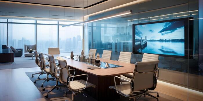 AI generated Modern corporate boardroom with a large screen displaying data analysis, empty chairs, and laptops on the table photo