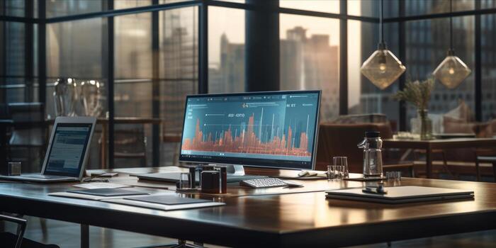 AI generated Modern corporate boardroom with a large screen displaying data analysis, empty chairs, and laptops on the table photo
