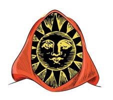 Design for a character t-shirt with a red hood and the face of the sun. solar god vector