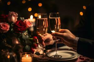 ai generado dos personas tintinamente champán lentes a un alumbrado por velas mesa con Rosa pétalos foto