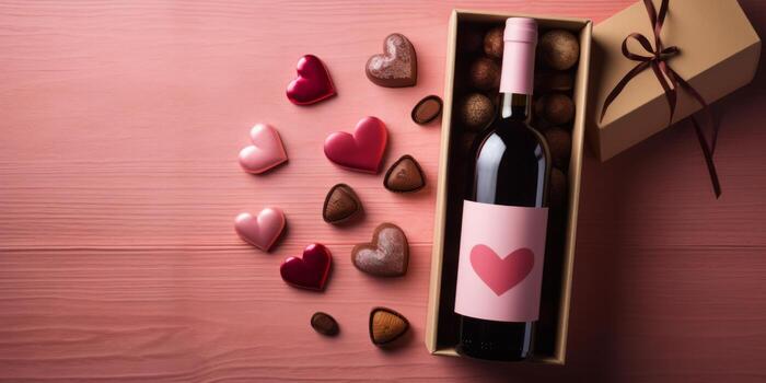 AI generated Valentine Day setup with a bottle of wine, gift boxes, a box of chocolates, and heart decorations on a pink background photo