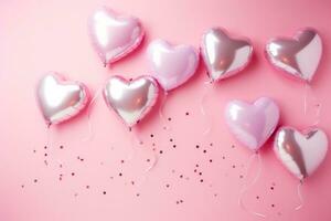 AI generated Assorted heart shaped balloons in pink and silver with small paper hearts on a light pink background photo