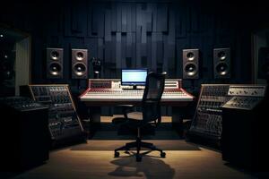 AI generated A professional music studio with a large mixing console, computer monitors, and studio monitors photo