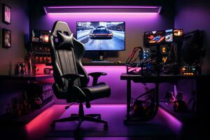 AI generated A gaming setup with a racing game on the screen, gaming chair in the foreground, and ambient lighting photo