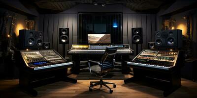 AI generated A professional music studio with a large mixing console, computer monitors, and studio monitors photo