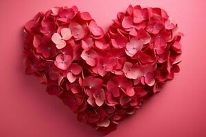 AI generated Heart shaped arrangement of red hydrangea flowers on a pink background photo