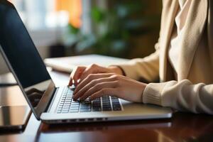 AI generated Close up of a woman hands typing on a laptop in a cozy home office setting photo