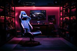 AI generated A gaming setup with a racing game on the screen, gaming chair in the foreground, and ambient lighting photo