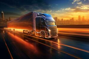 AI generated Semi truck driving on highway with digital connectivity and data streams concept photo