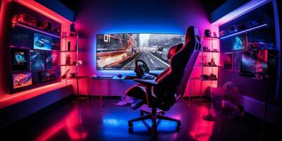 AI generated A gaming setup with a racing game on the screen, gaming chair in the foreground, and ambient lighting photo