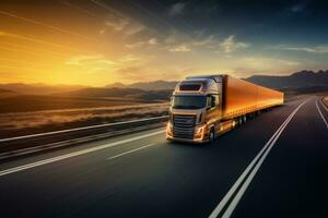 AI generated Semi truck driving on highway with digital connectivity and data streams concept photo