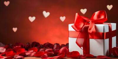 ai generado romántico composición con un a rayas regalo caja, rojo rosa, y papel corazones en un rojo antecedentes foto