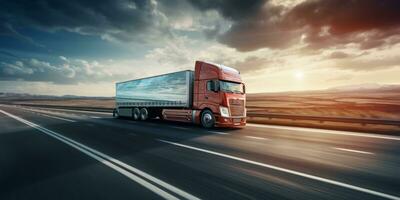 AI generated Semi truck driving on highway with digital connectivity and data streams concept photo