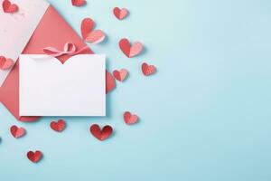 AI generated Valentine Day themed flat lay with a gift, hearts, and a love letter on a pastel background photo