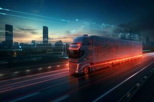 AI generated Semi truck driving on highway with digital connectivity and data streams concept photo